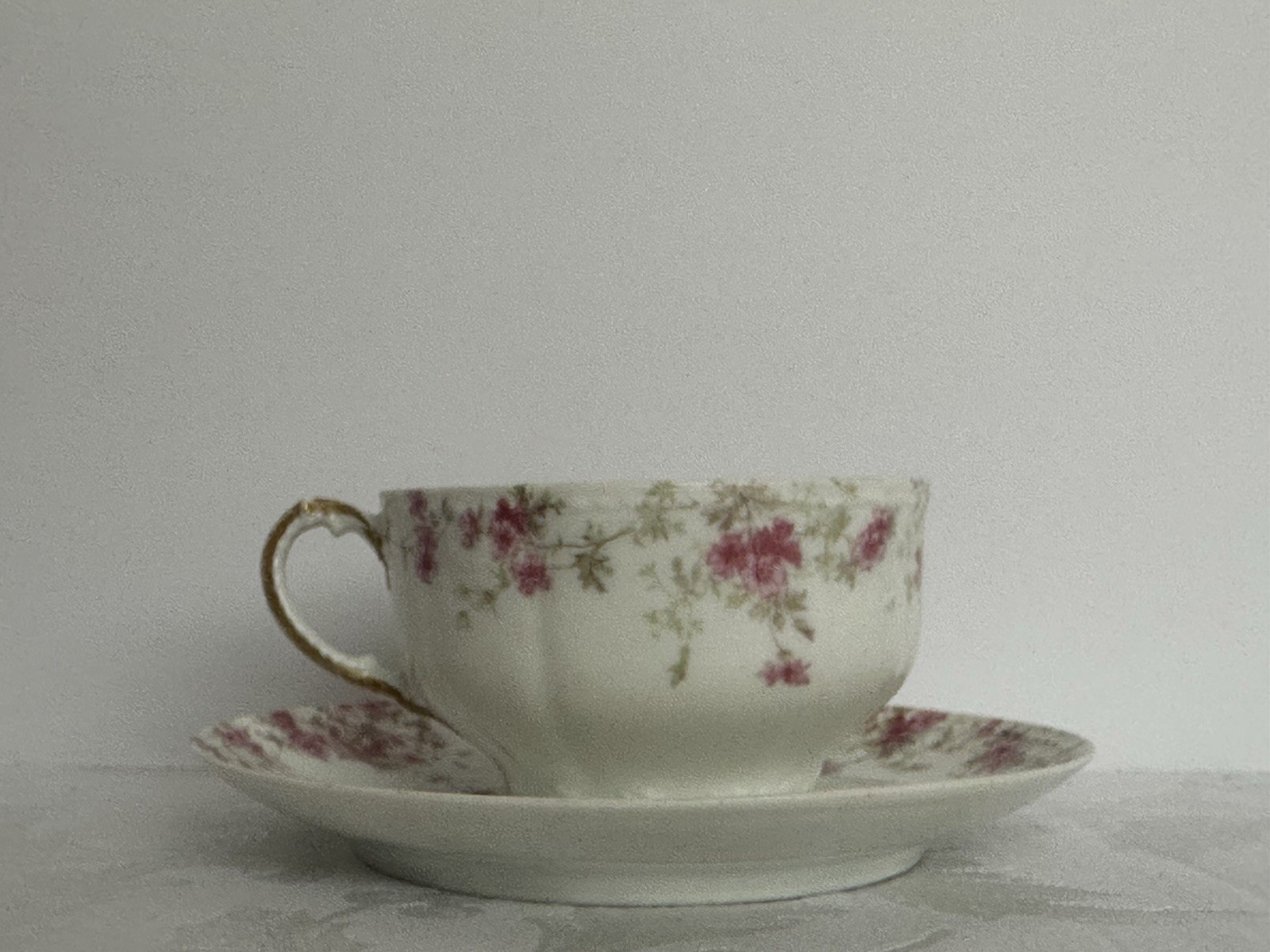 Charles Field Haviland Limoges Embossed Cups And Saucer W/Pink Floral Sprays