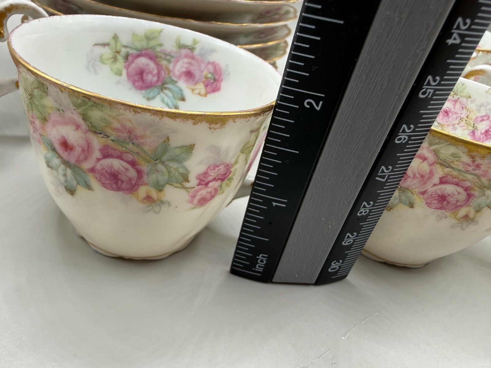 ANTIQUE LIMOGES DEMITASSE SET CUP SAUCER 16PC PINK ROSE FLOWER GARLAND FRANCE