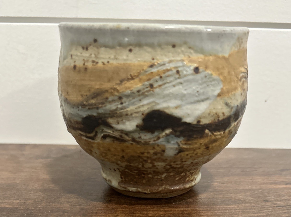 Pottery Tea Tea Bowl/Cup Signed Etched Abstract Blue, Gray, Brown, Tan