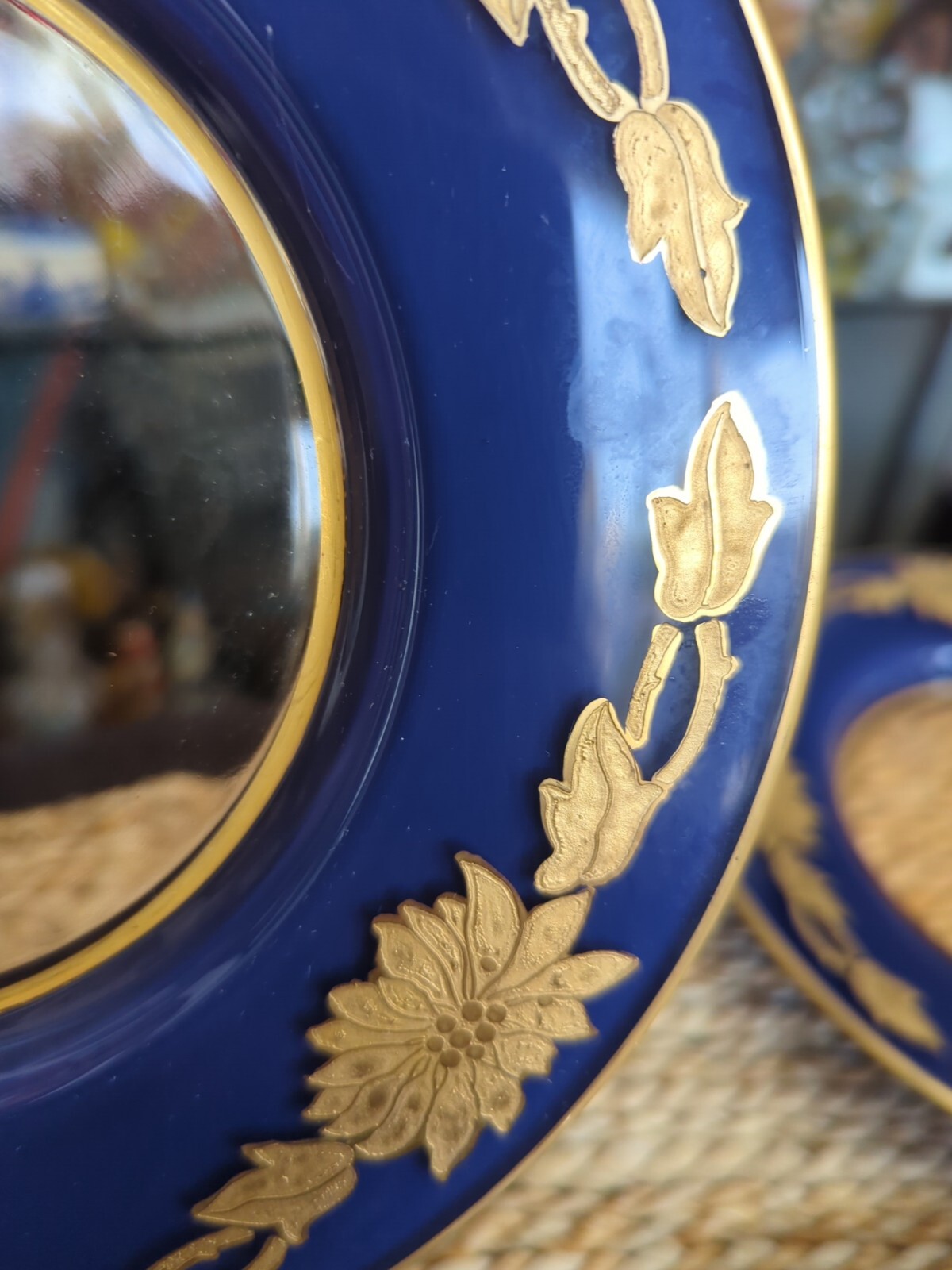 Antique Bohemian Gold Gilt Enameled Colbalt Cased Glass Plates Set 5 Hand Paint