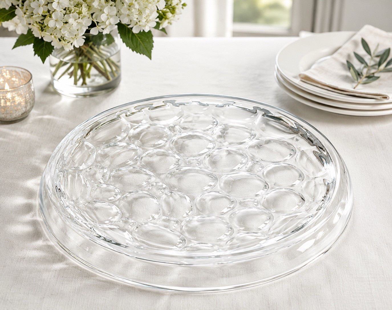 Hoya Pebbles 12” Round Glass Platter Clear Bubble Pattern Serving Tray Japan