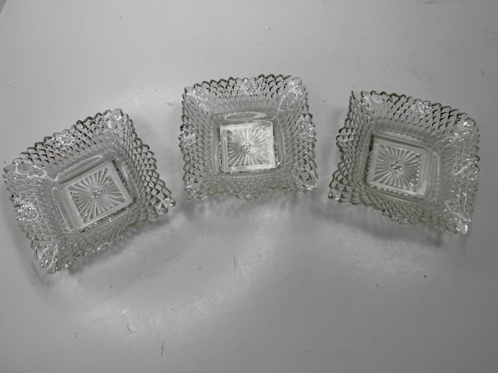 Set of 3, Vtg Indiana Glass 4″ Square Candy Dish Bowls Diamond Cut Ruffled Edge