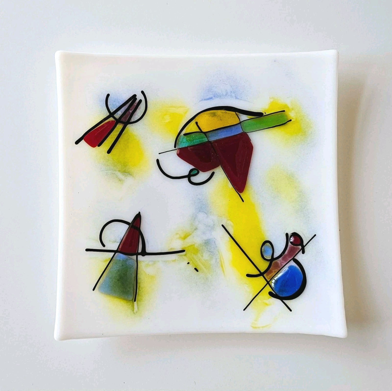 Vintage Fused Glass Abstract Art Plate – Kandinsky Style – MCM 9″ Square White