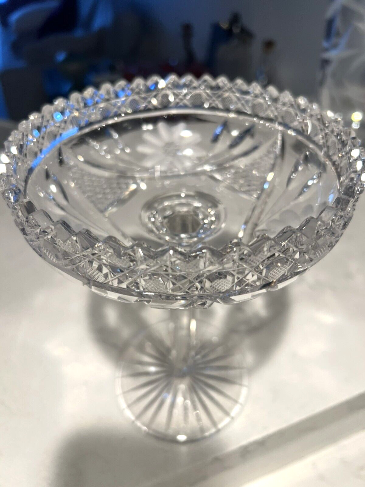 American Brilliant Period Cut Glass Crystal Compote 9″ MINT Cut Edge AMAZING