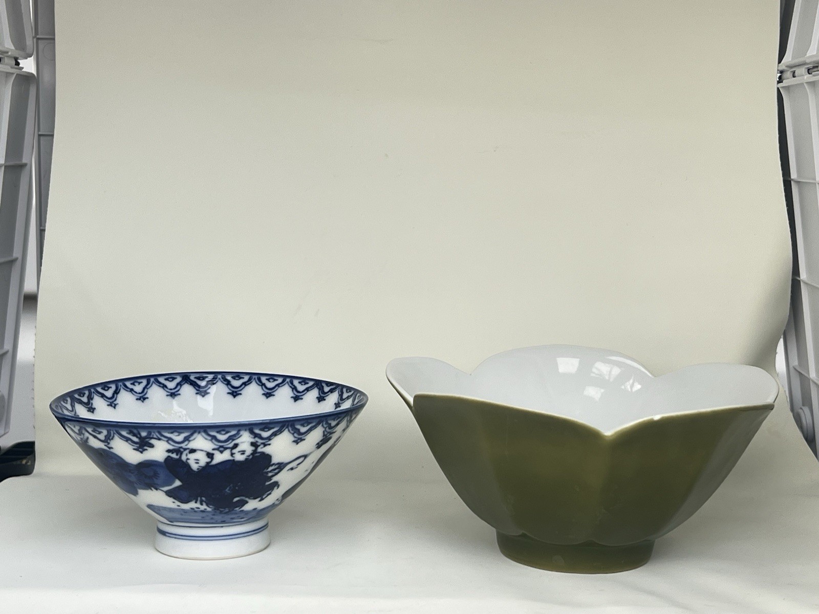 Ceramic Bowl Lot Blue White Floral & Green Lotus Mid Century Decor