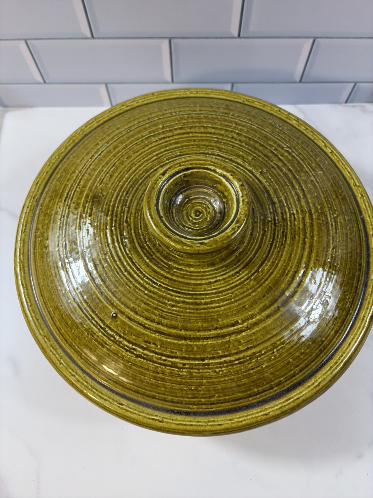 Vintage USA Olive Green Casserole Dish Bowl Lid Pottery Stoneware; MCM Beauty!!