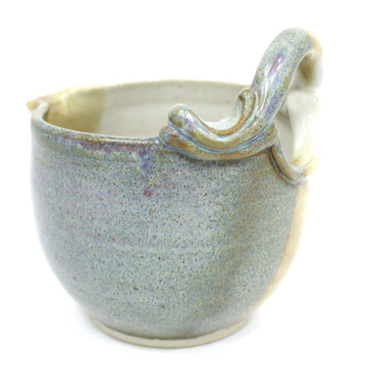 ART POTTERY BOWL W/HANDLE & SPOUT SIGNED “GAINES” GRAY BLUE TAN IVORY 5.5″X5.125