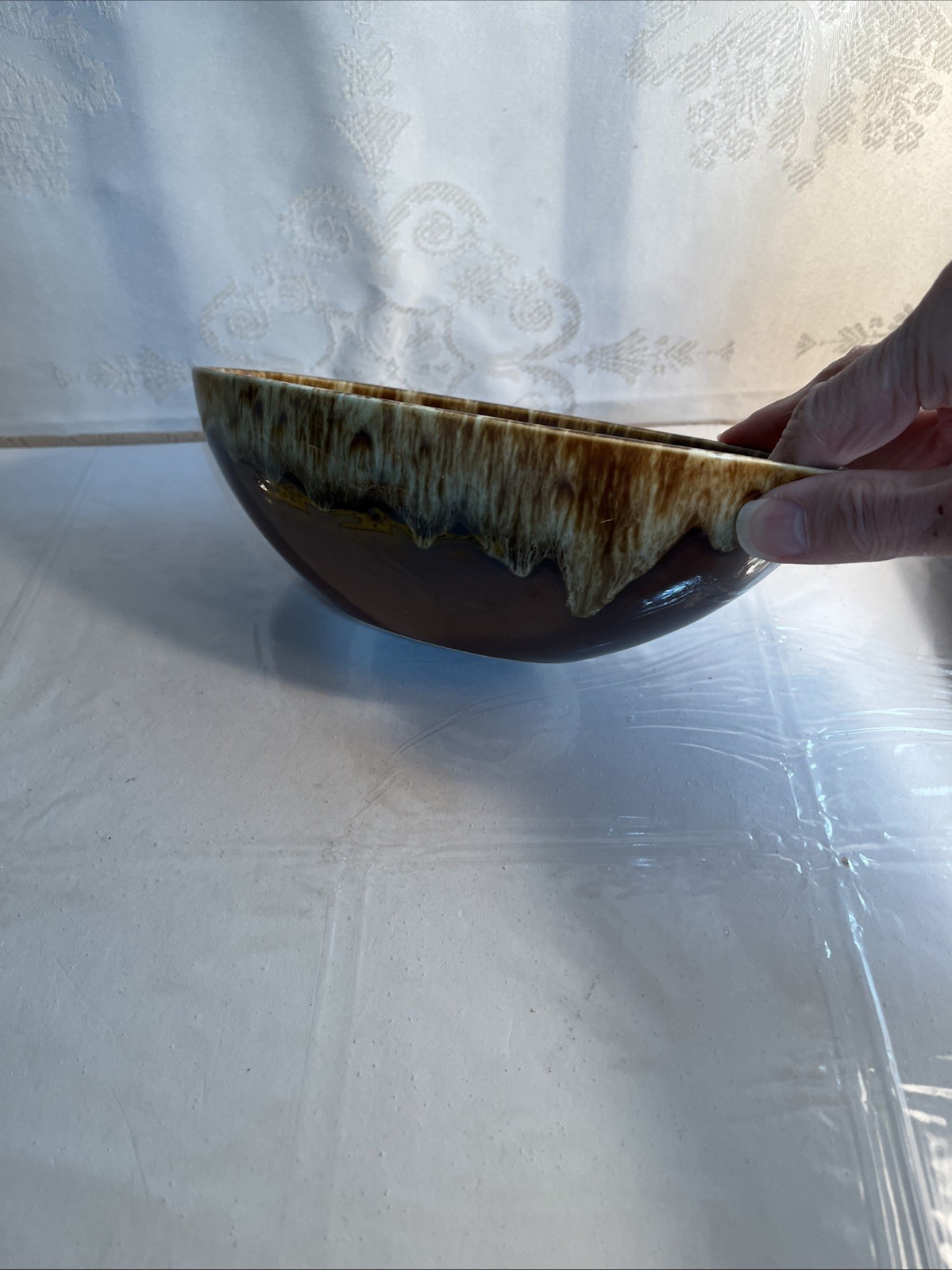 Vintage Brown Drip Glaze Pottery Oval Bowl