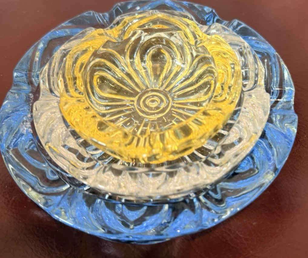 Set of 3 ashtrays Glass Bowls Blue Clear Yellow Pattern 5in Round