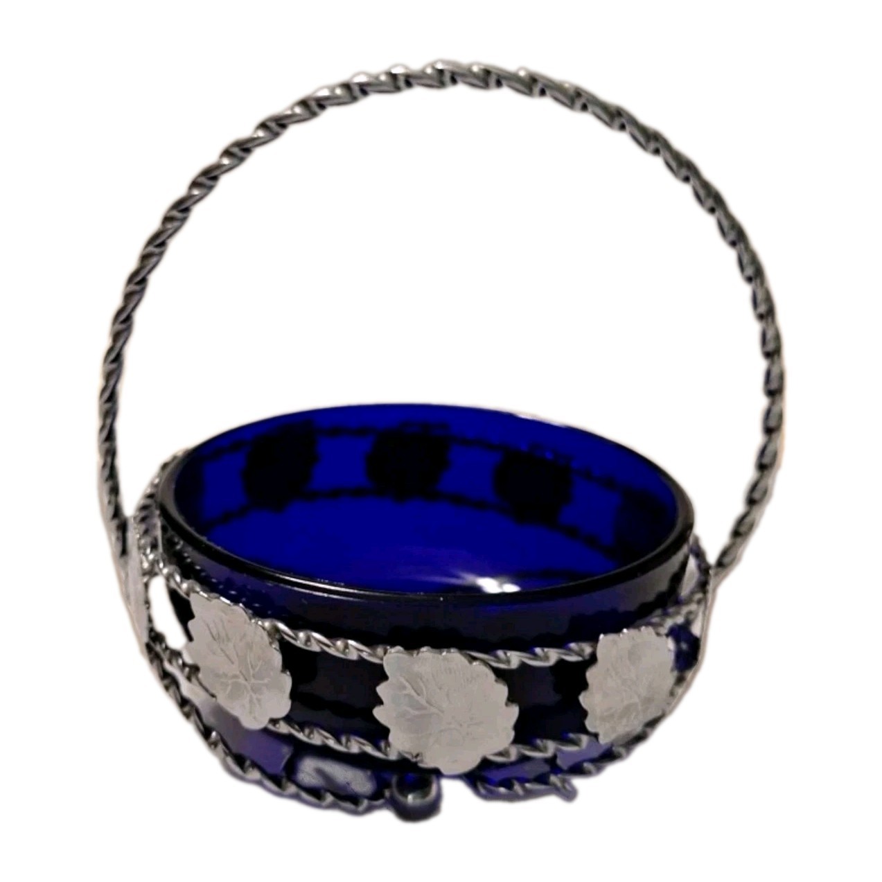 Vintage Cobalt Blue Condiment Server/ Candy Dish With Silver tone Caddy READ