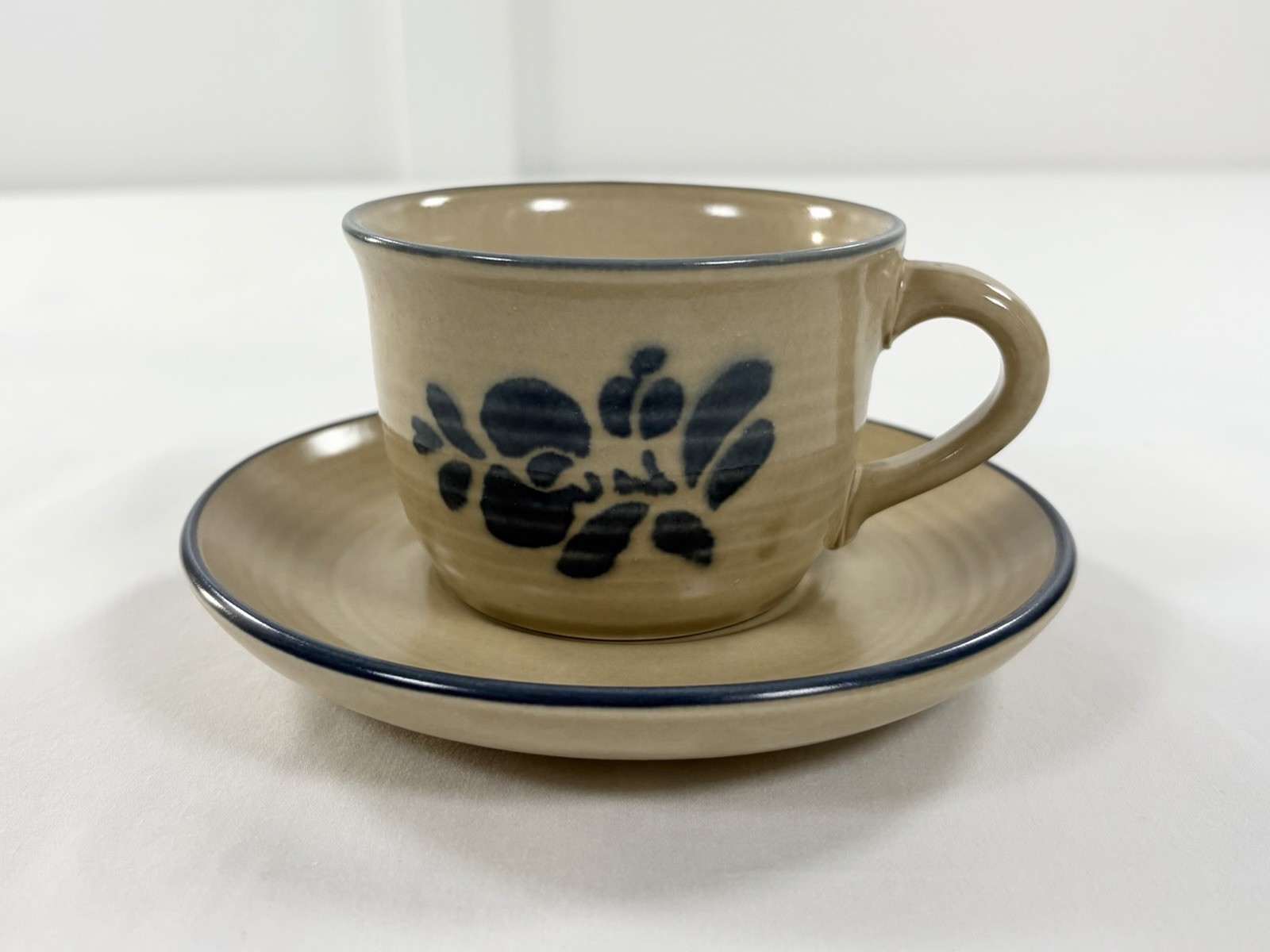 Vintage Pfaltzgraff Folk Art Stoneware Coffee Cup Saucer Set Tan Blue Floral