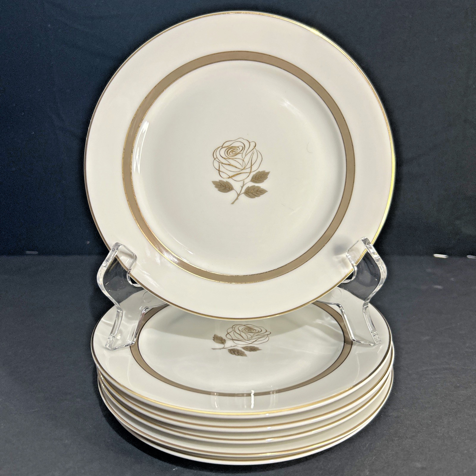 Rosenthal Rose 6” Dessert Bread Plates White w/Gold Rose & Trim Germany Set/6