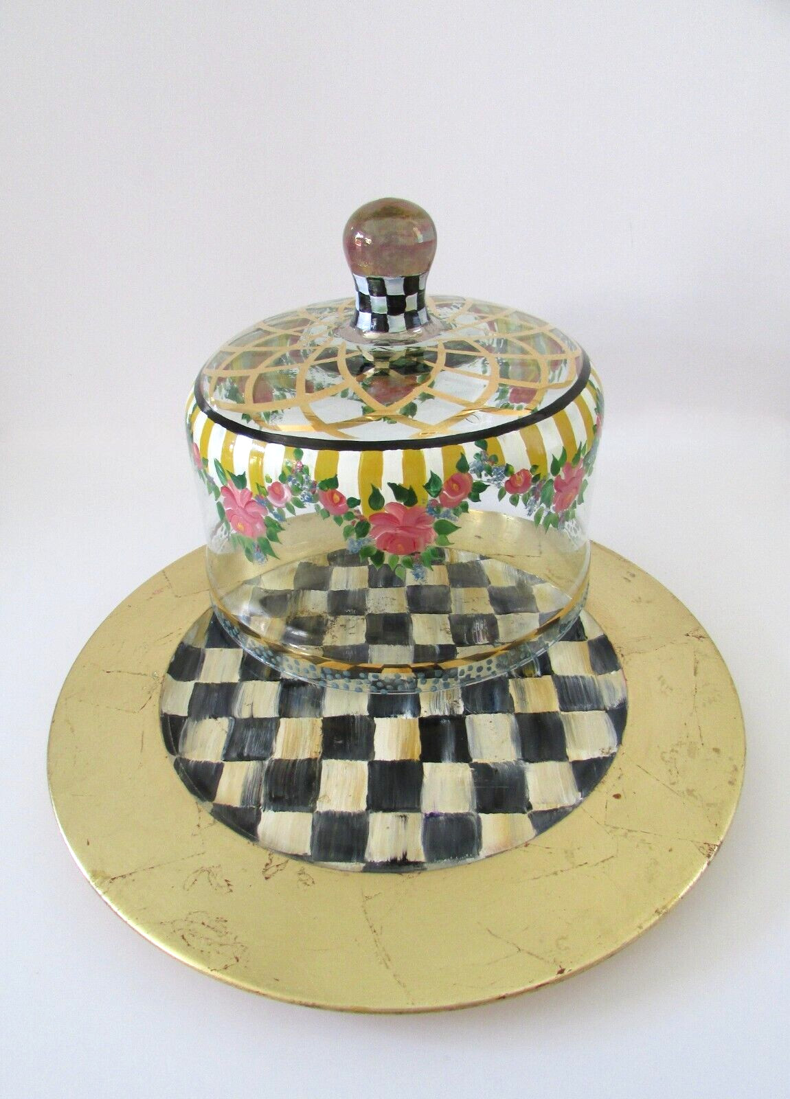 VTG Mackenzie Childs Courtly Check Circus Glass Cake Dome & Underplate
