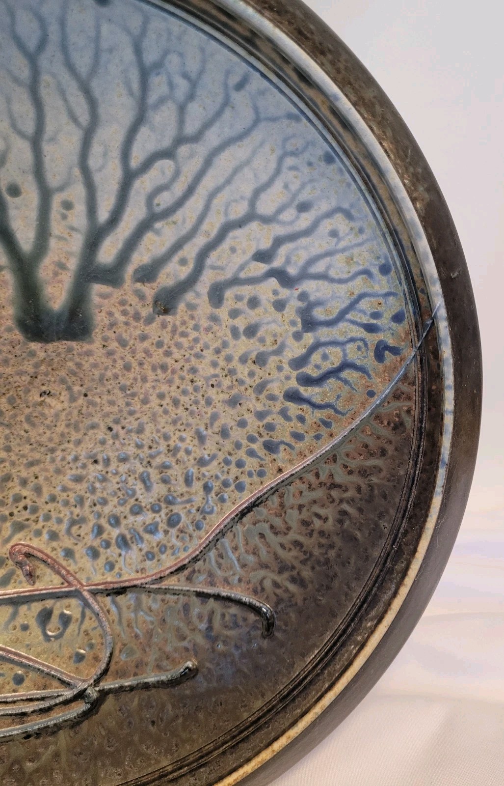 Signed Richard Aerni 1992 Glazed Stoneware Pottery Bowl 13.5″ Diameter, Crack