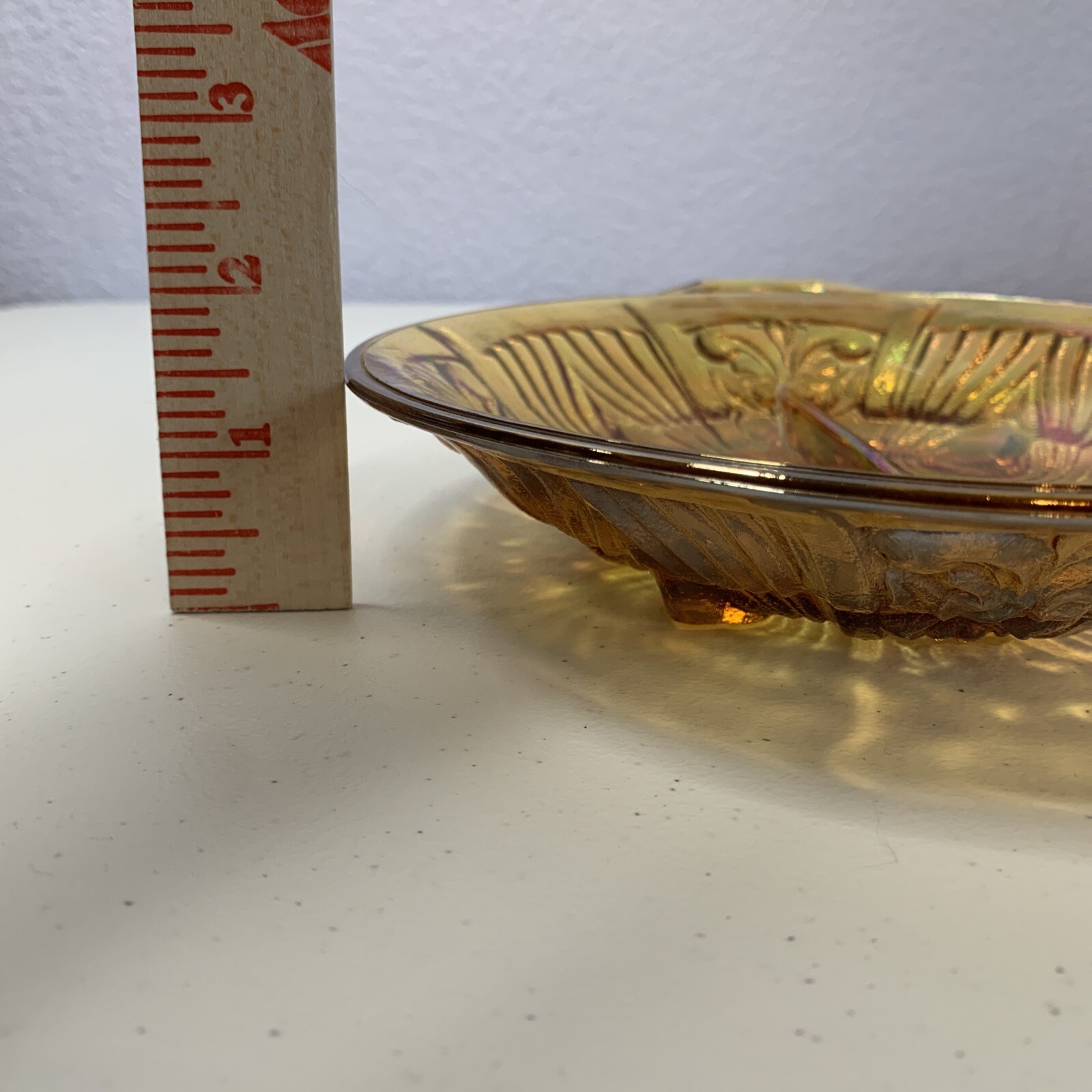 Vintage Indiana Carnival Glass Candy Dish 7.5″ Amber Iridescent Divided