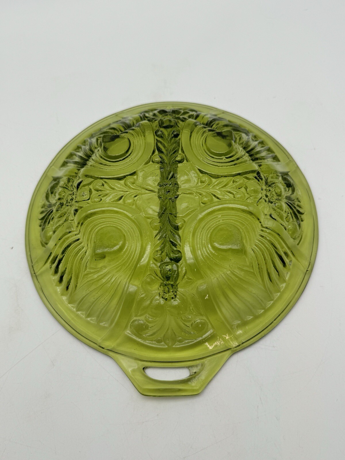 Indiana Glass Co Green Killarney Divided Relish Dish Bowl w/ Open Handle Vintage
