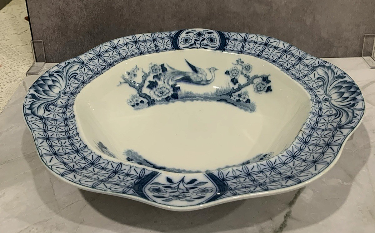 Antique Johnson Bros MONGOLIA Gray Blue Transferware Oval Covered Serving Bowl