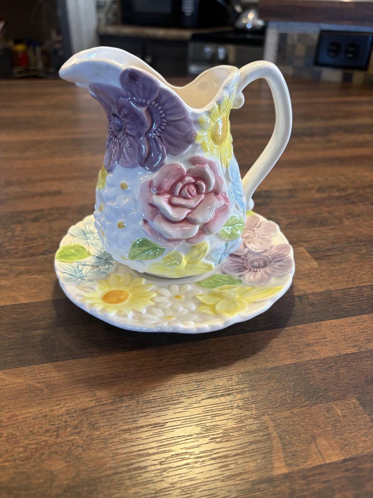 Vintage Relpo Spring Flowers Pitcher and Saucer 6453 Majolica Style Mini Pitcher