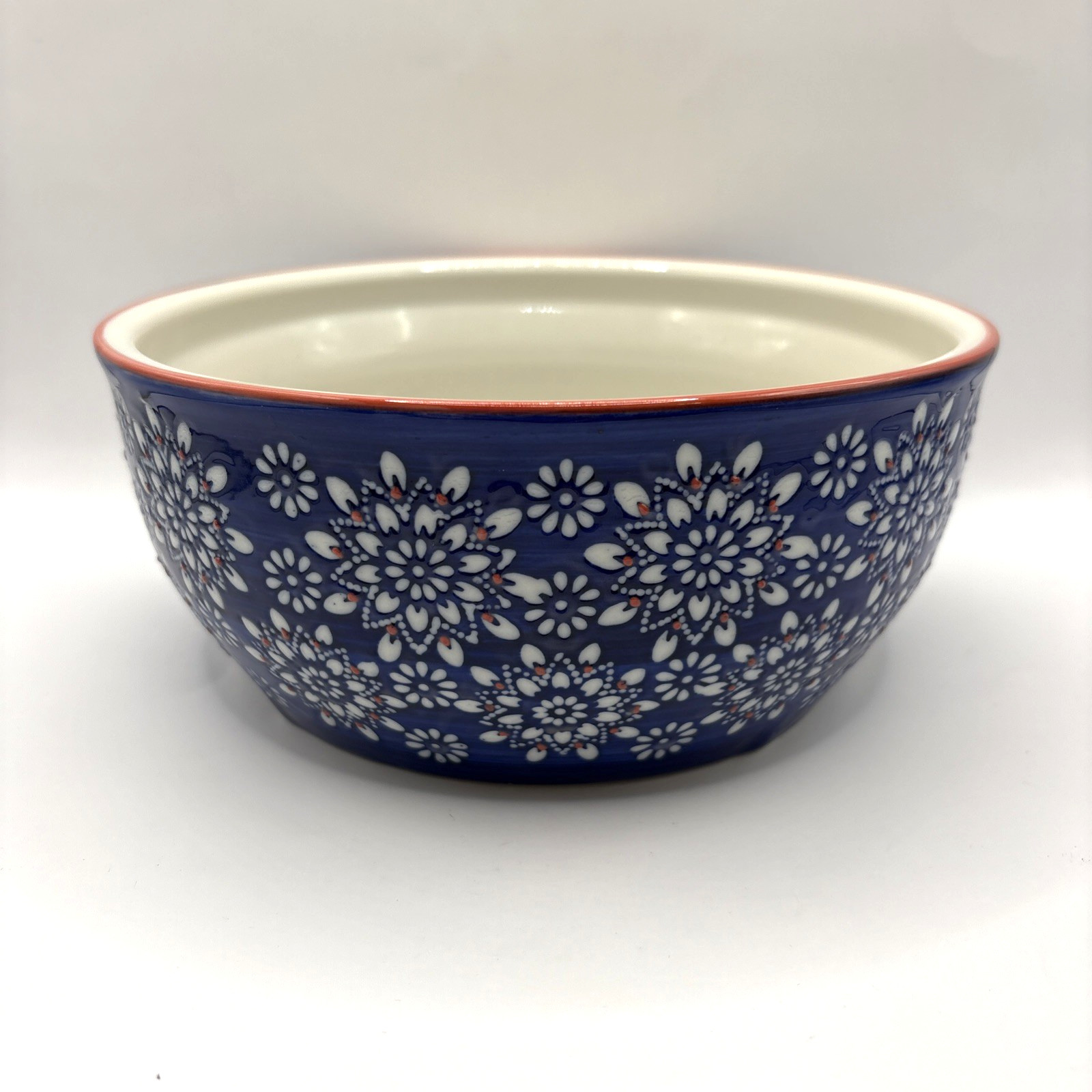 VTG Yokohama Studio Blue White Red Floral Hand Painted Ceramic Bowl 7″ x 3″