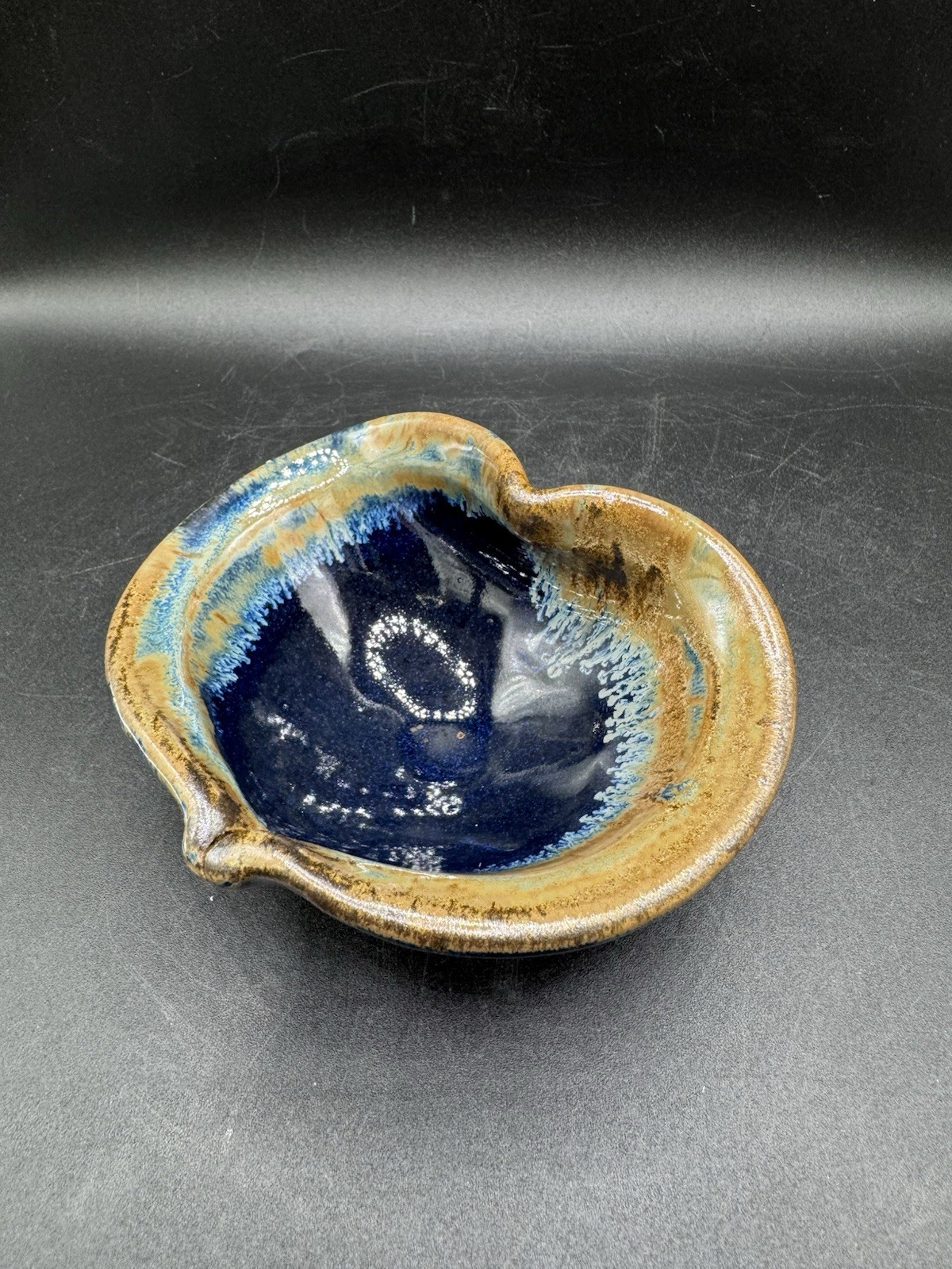Pigeon River Pottery Heart Shaped Bowl Blue Beige Drip Glaze Signed Ceramic 5.5”
