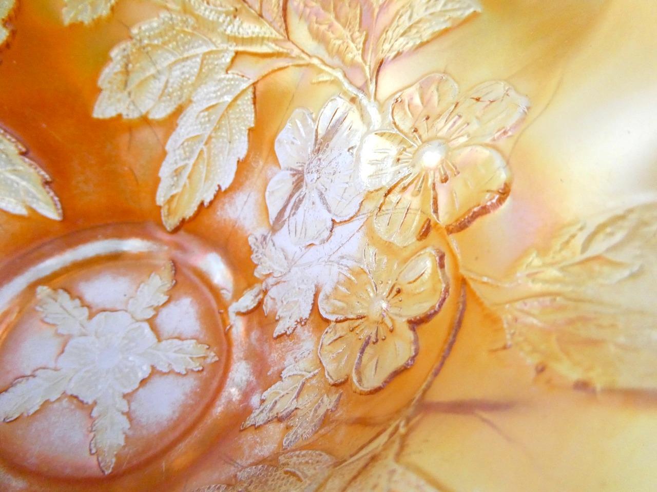 Vintage Dugan Dogwood Sprays Marigold Opalescent Carnival Glass Footed Bowl