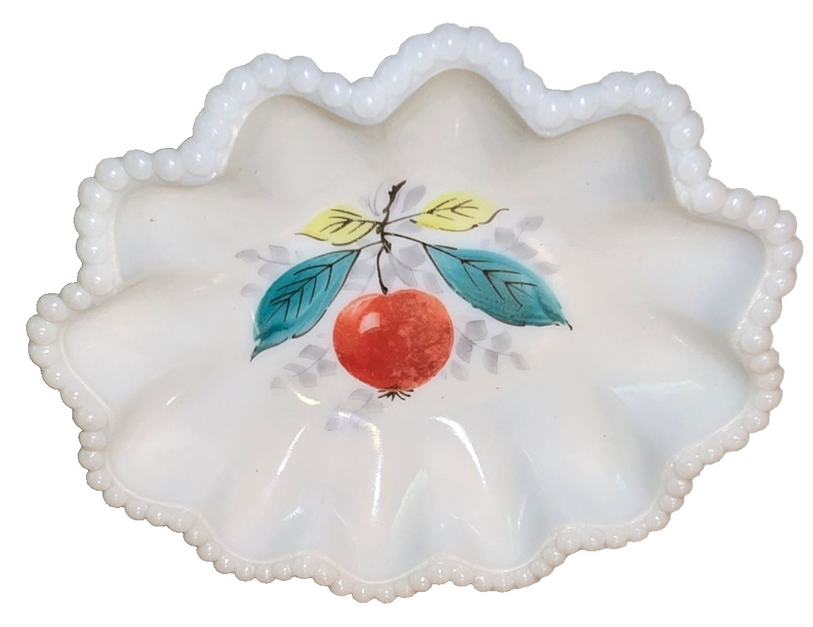 Westmoreland Milk Glass Painted Bead Edge Fruit Dish Bowl Cherry 6.5 in