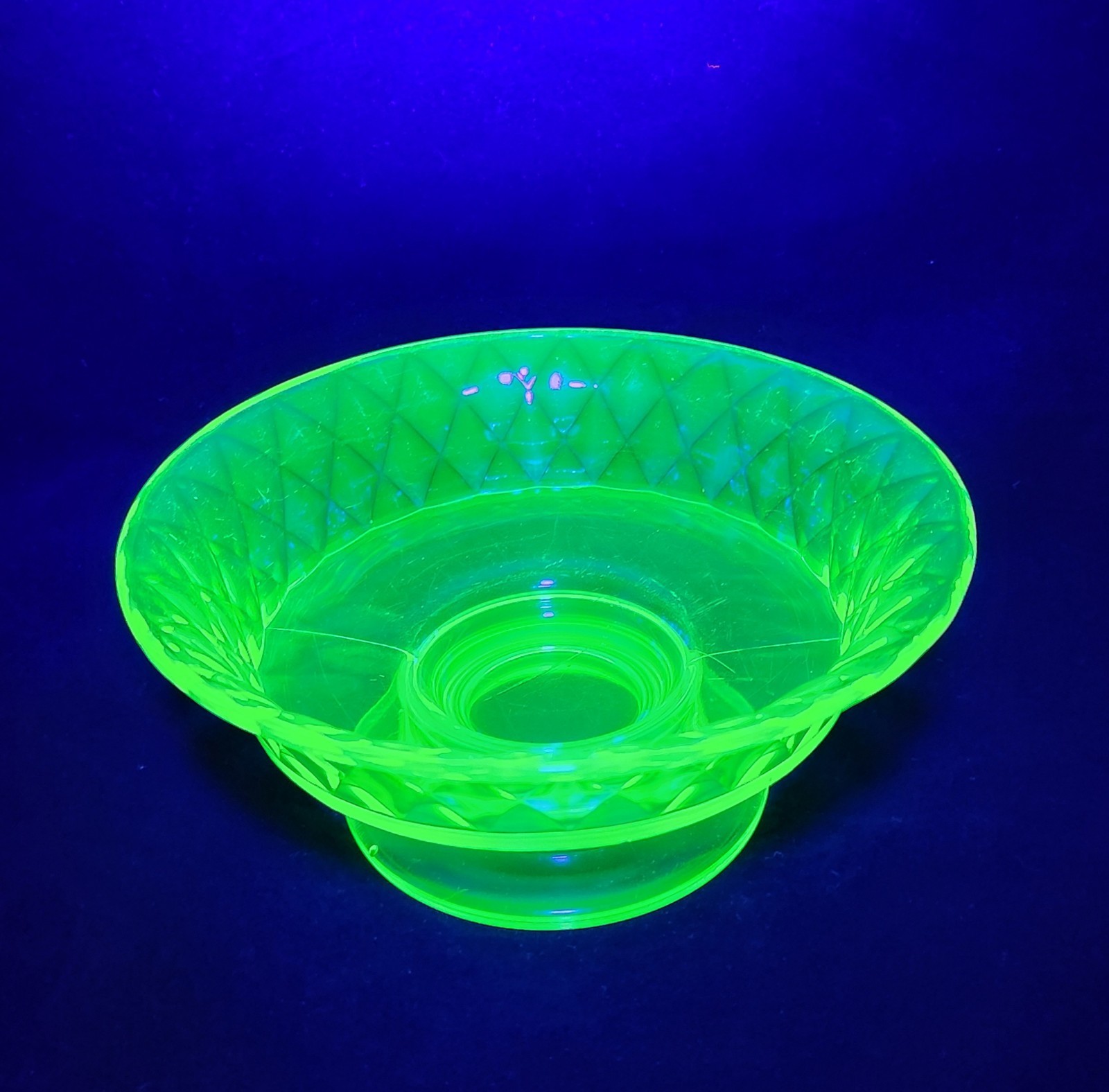 Antique Bryce Vaseline Canary Yellow Uranium Glass Diamond Quilt Compote Bowl