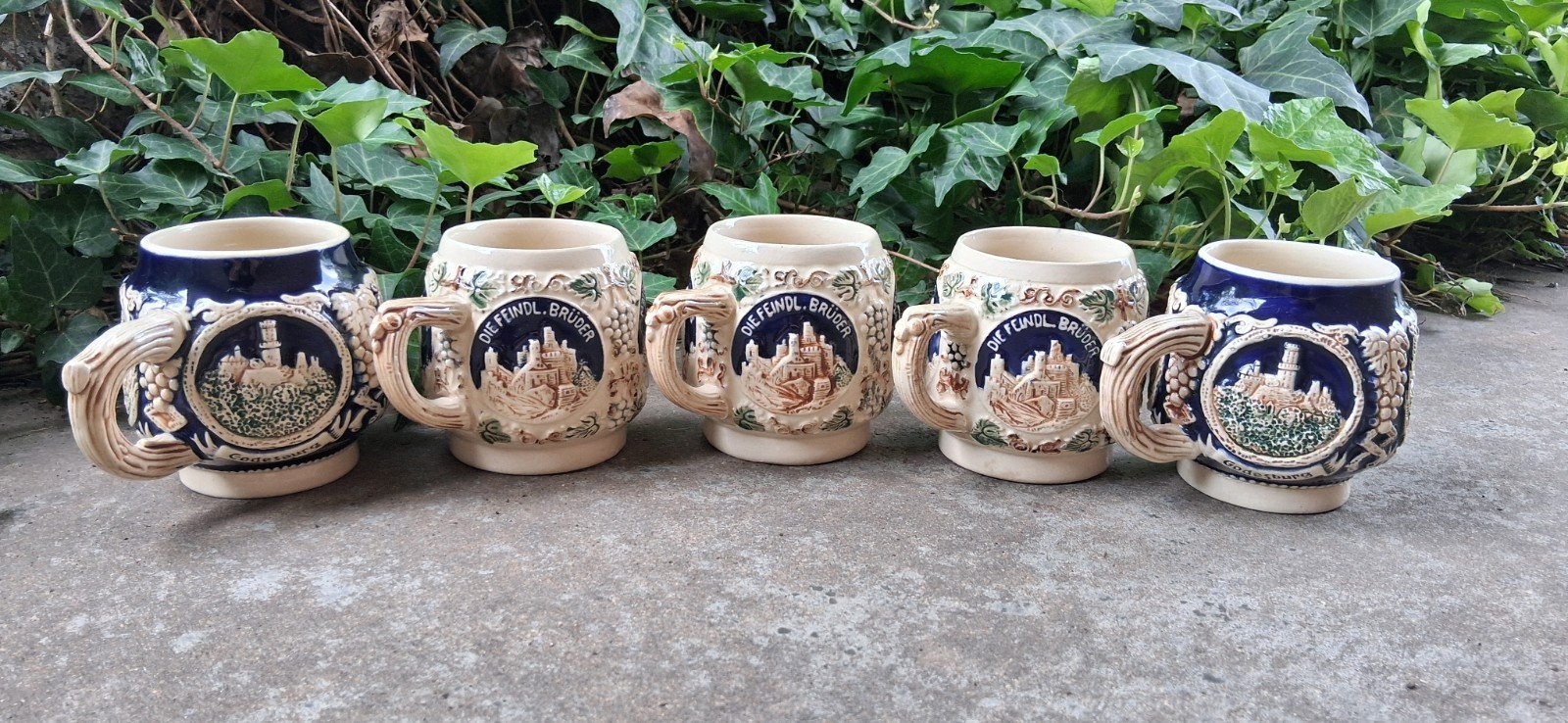 5 German Stoneware Mugs By Marzi & Remy “2835” 2 Cobalt Blue & 3 Cream Mugs