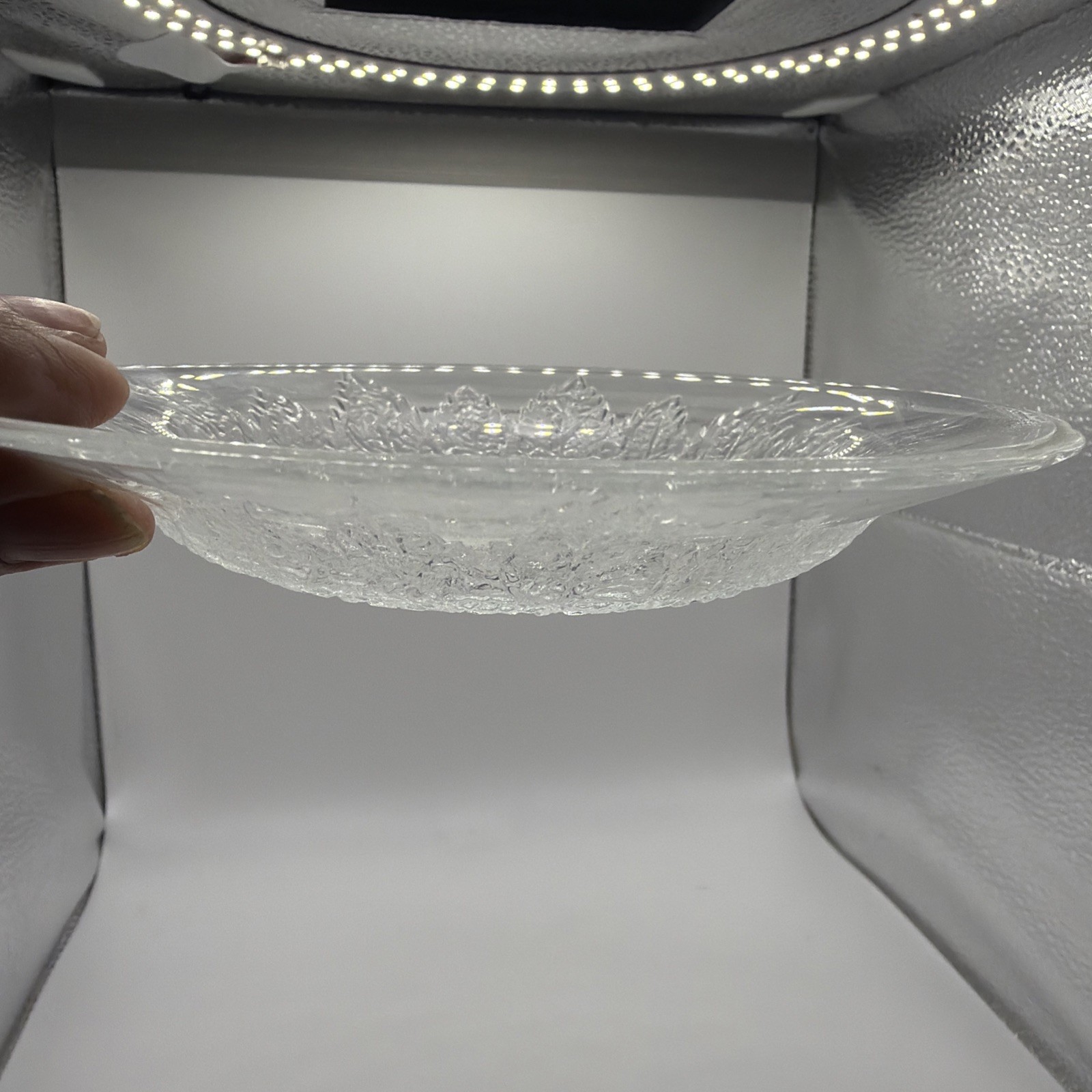 KIG Vintage Indonesian Butter Plate 6″ Clear Etched Glass Flowers Leaves