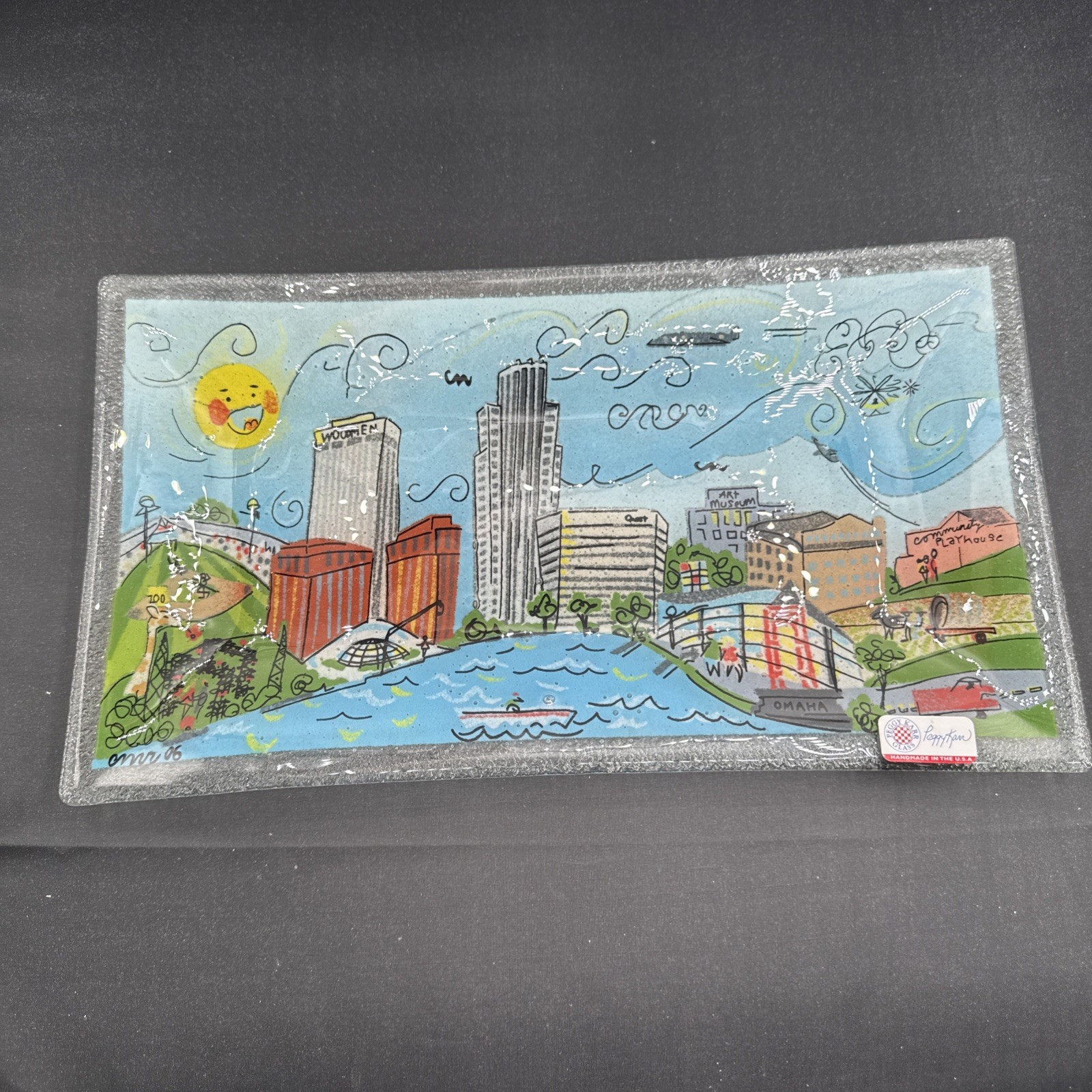 PEGGY KARR Famous Omaha, NE Sites Fused Glass Rectangle 14” Platter Nice