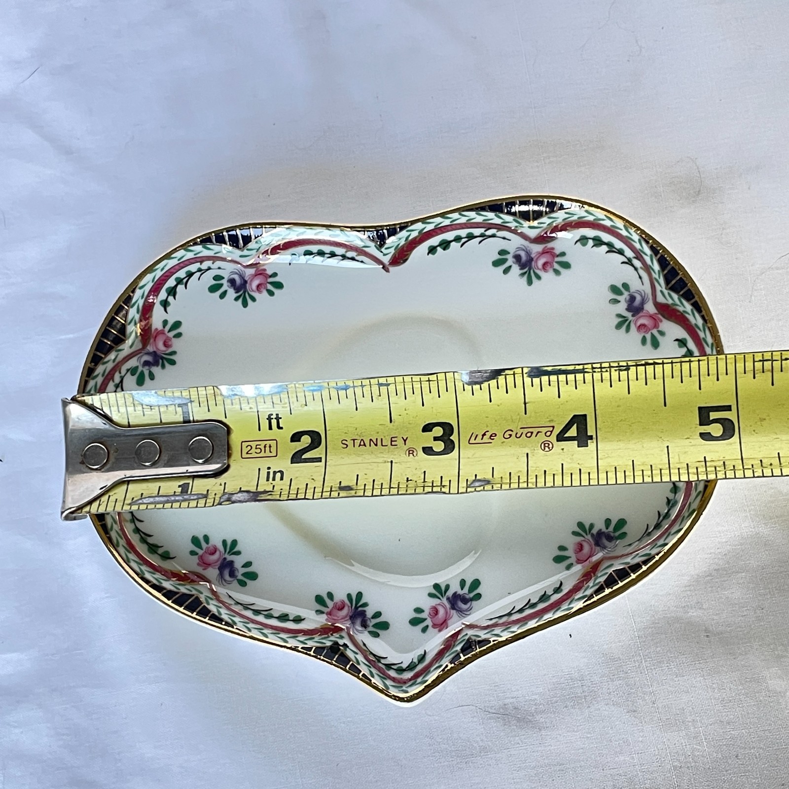 Vintage China Heart Shaped Coffee Cup & Saucer Cobalt Rim Rose Swags Gold Handle