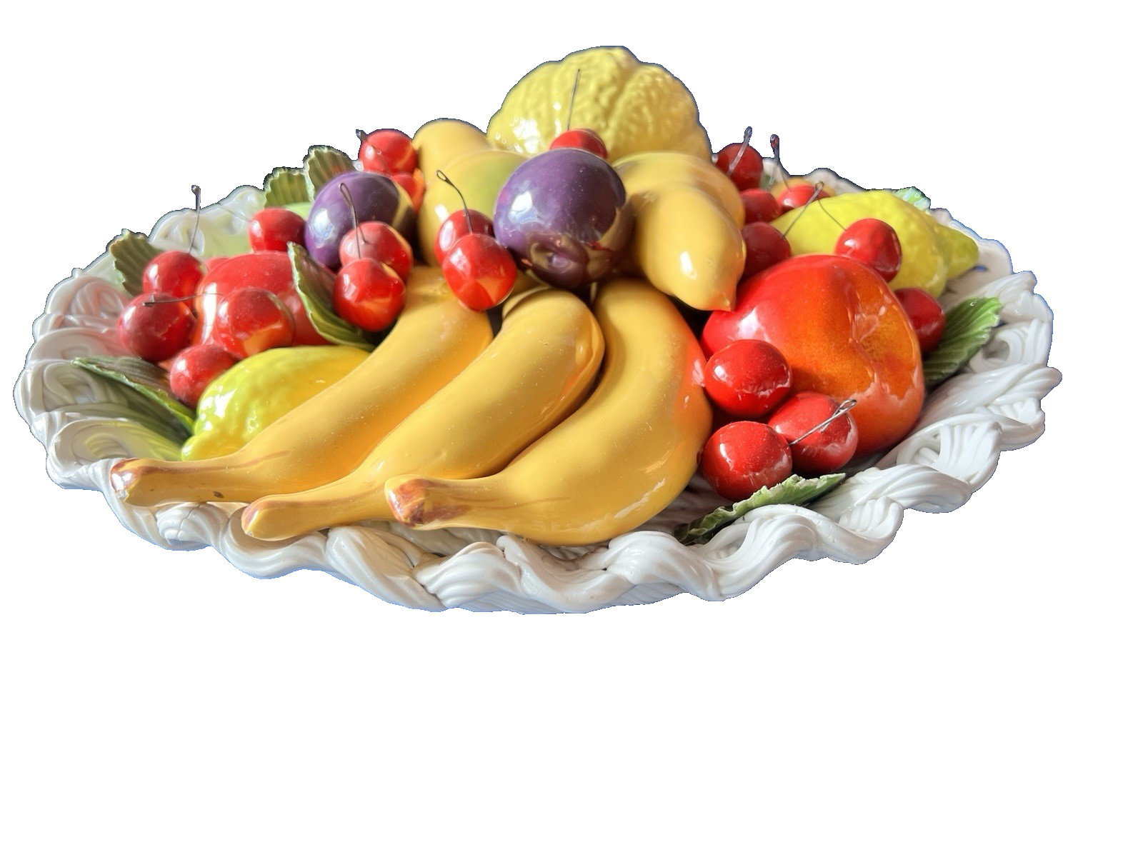1960s Italian Capodimonte Ceramic Fruit Centerpiece 17”D ITALY MCM Colorful