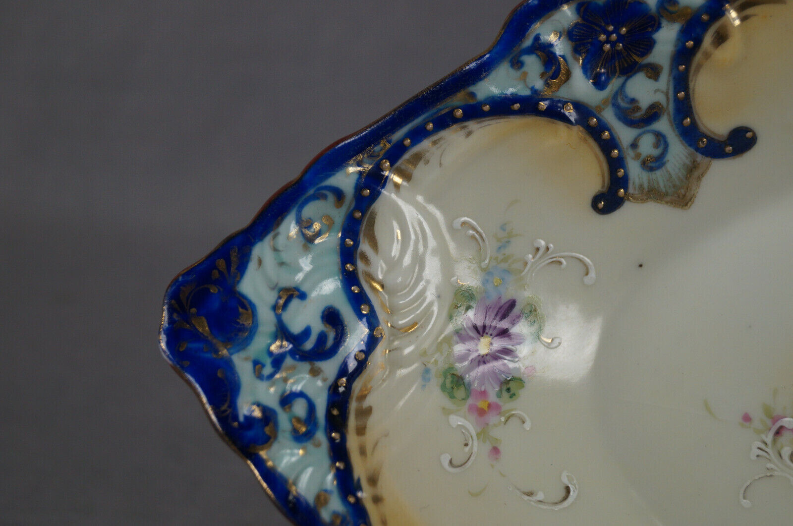 Nippon Hand Painted Floral Cobalt Blue Yellow & Gold Beaded & Scrollwork Bowl