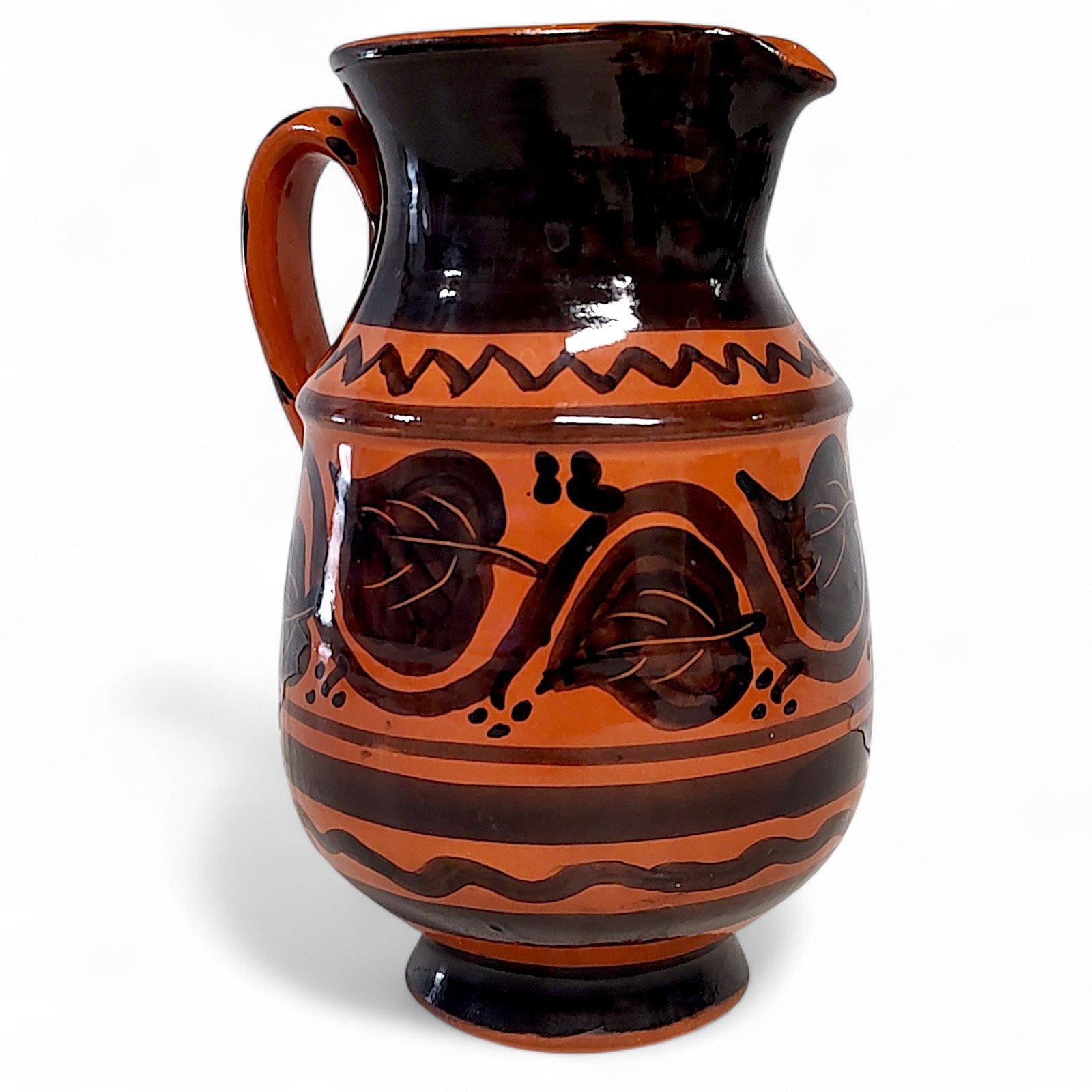 Hand Thrown Terracotta Glazed Pottery Pitcher Orange/Black Hand Painted 6″