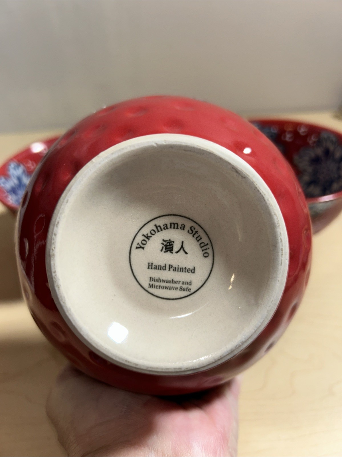 3 Yokohama Studio Hand Painted Red White Blue Flowers Rice Noodle Bowls 6″