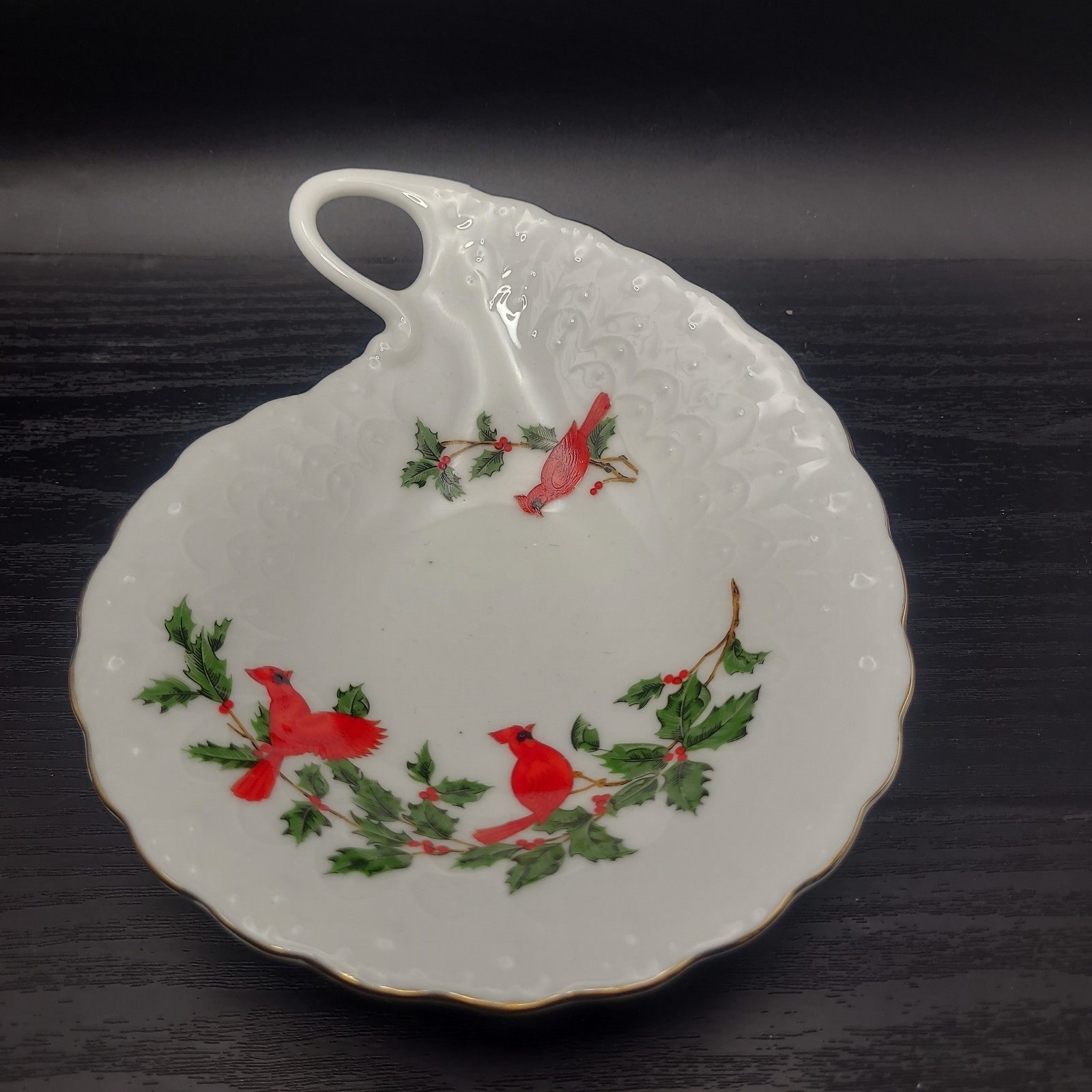 Vintage 1988 Lefton Bone China Red Cardinals & Holly Trinket Dish