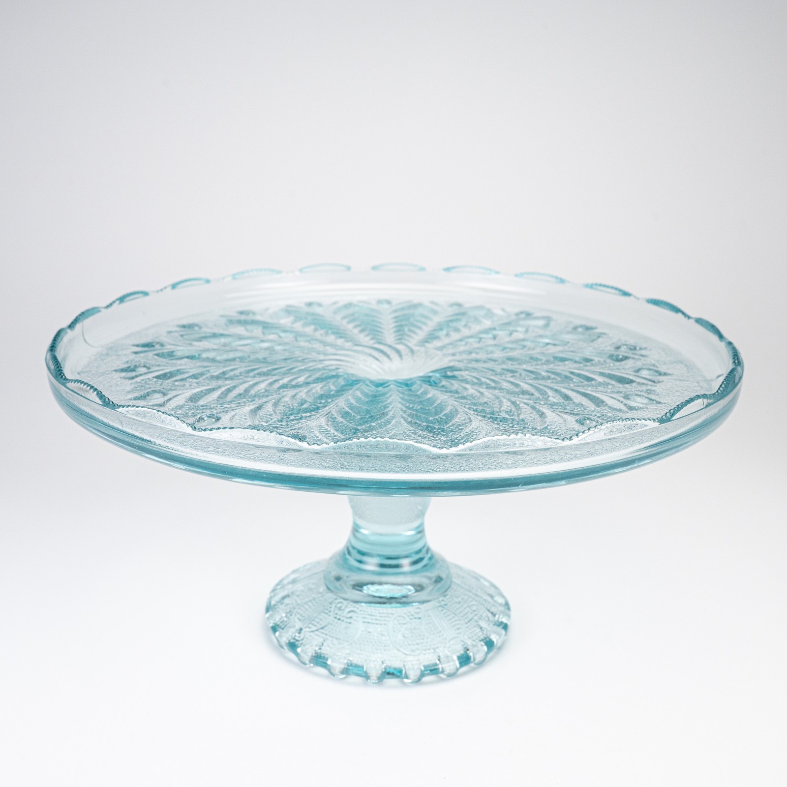 Vintage 1950s Jeannette Ice Blue Glass Feather Harp Pedestal Cake Plate Stand