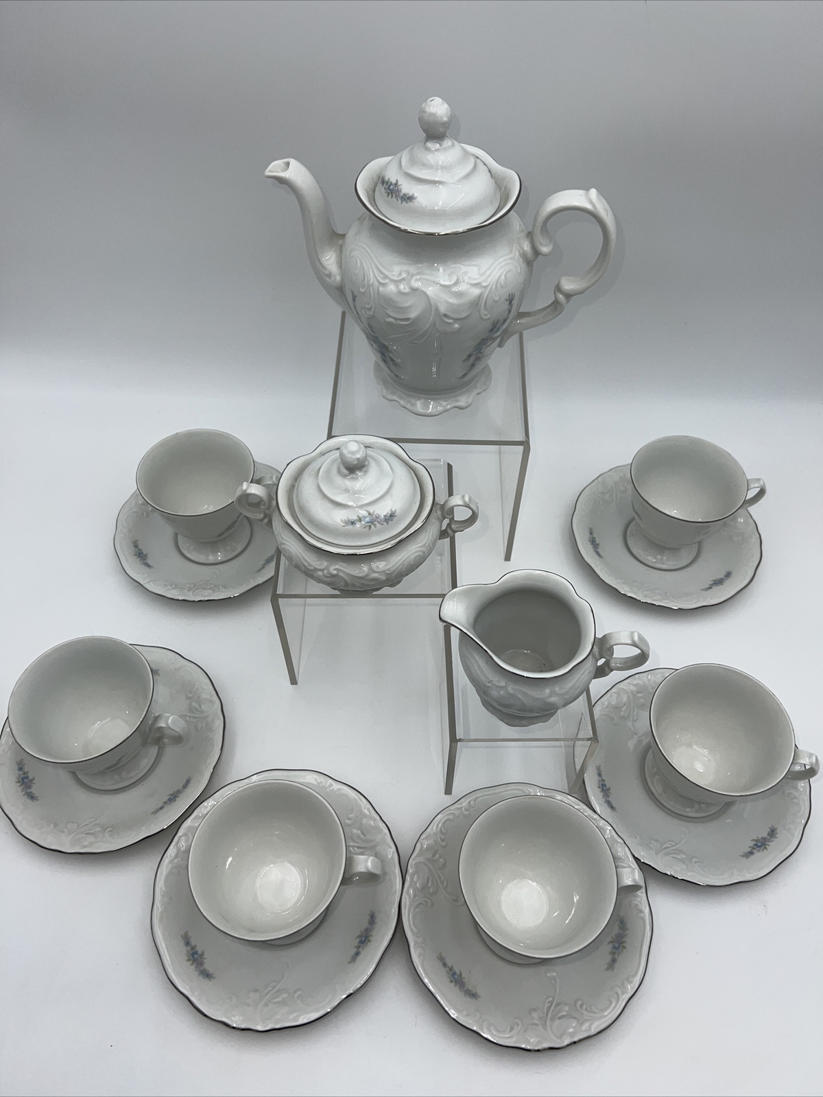 15 pc Vtg Wawel China Set made in Poland Purple Floral Cup Saucers Cream Sugar