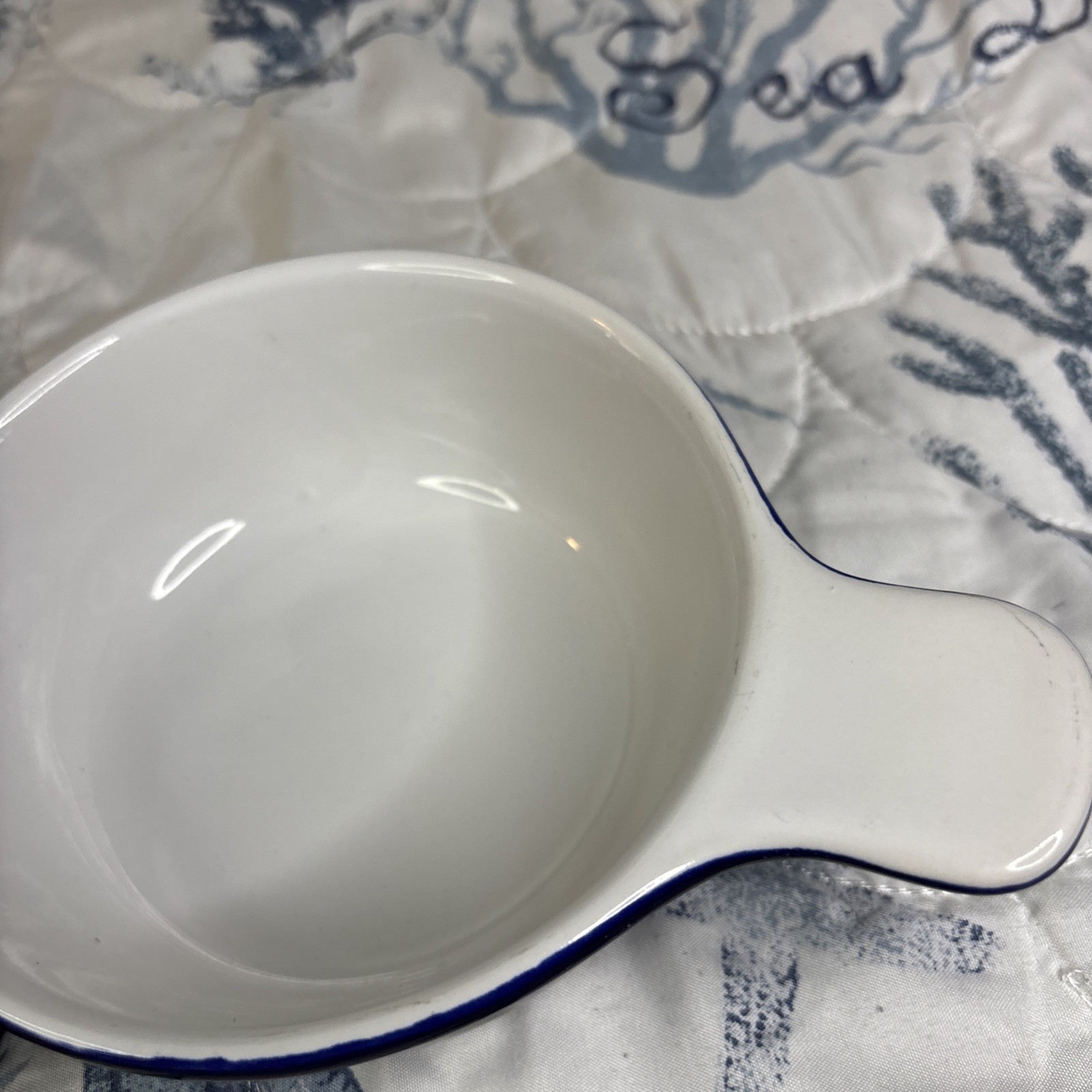 2 Navy Blue & White Interior Nesting Grab Stoneware Matching Bowls-Very Durable