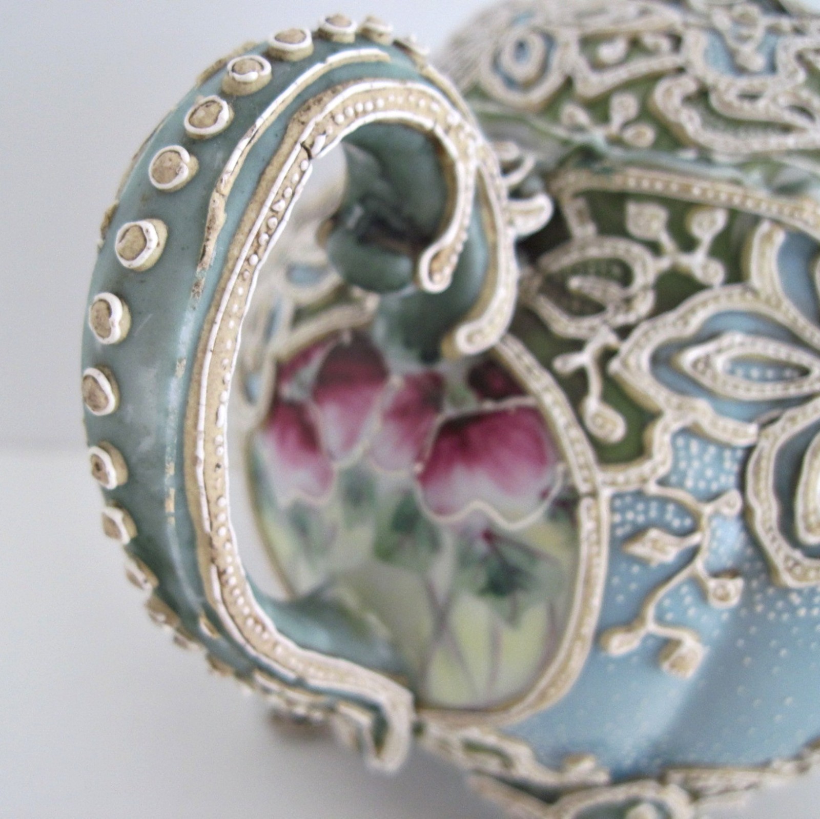 Antique Nippon Moriage Teapot Green Blue With Hand Painted Flowers READ
