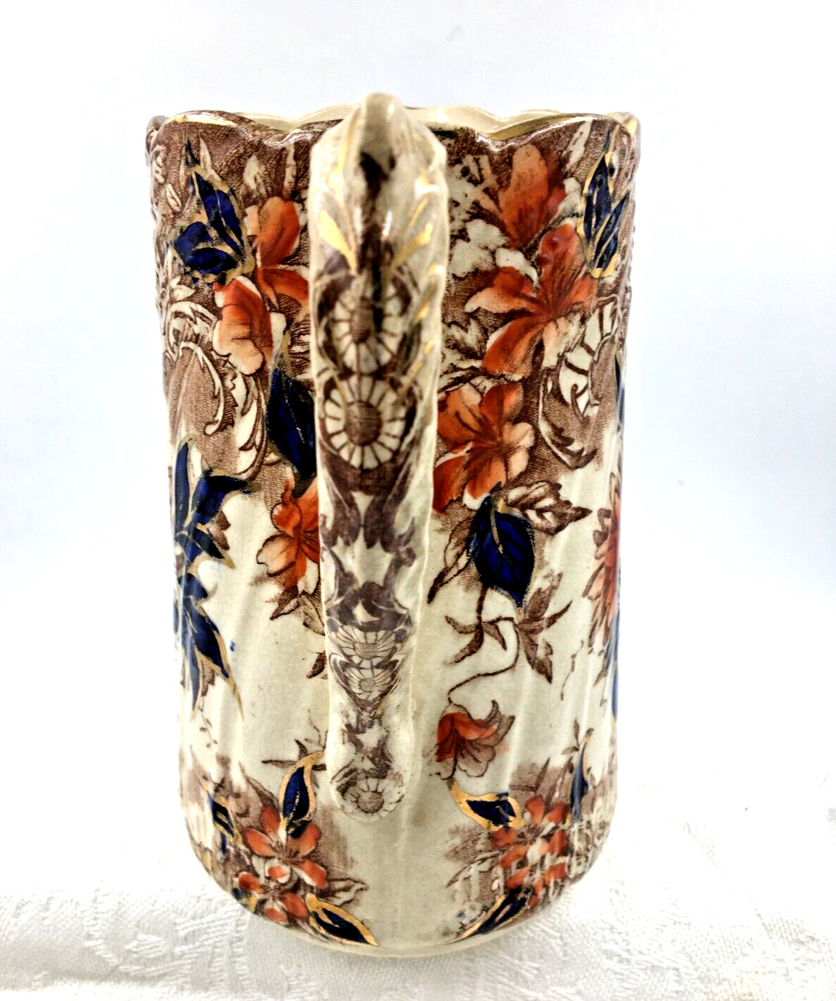 Vintage/Antique Pitcher Rust & Orange Flowers Cobalt Blue Leaves Gold Unbranded