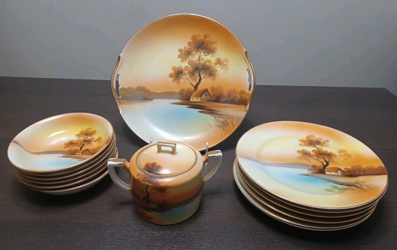 Antique Gold Rim Noritake Tree In The Meadow Plate Bowl Set Hand Painted 15 Pcs