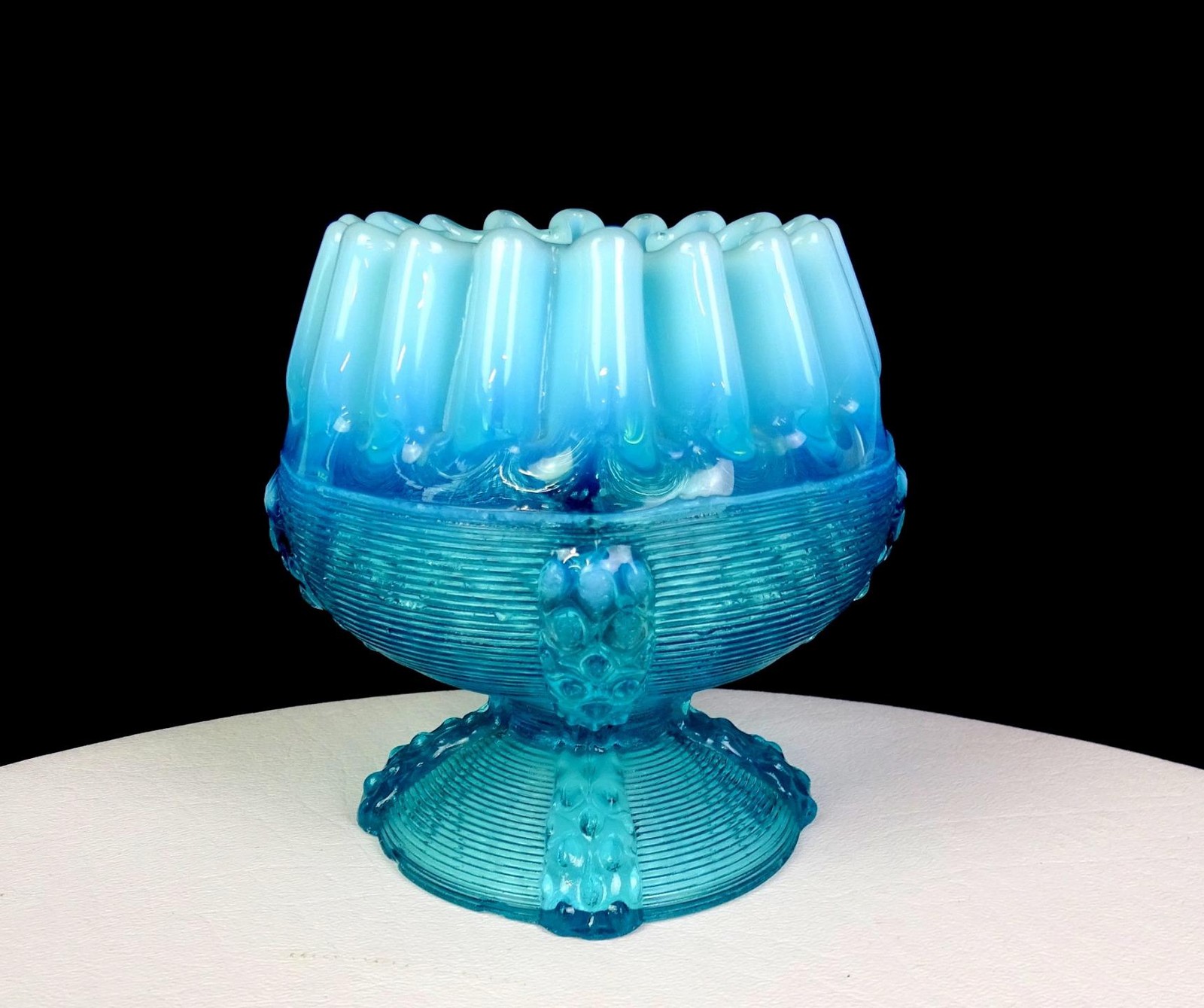 Northwood Glass Blue Opalescent Button Panel Pedestal 4 1/4″ Rose Bowl 1897-1905