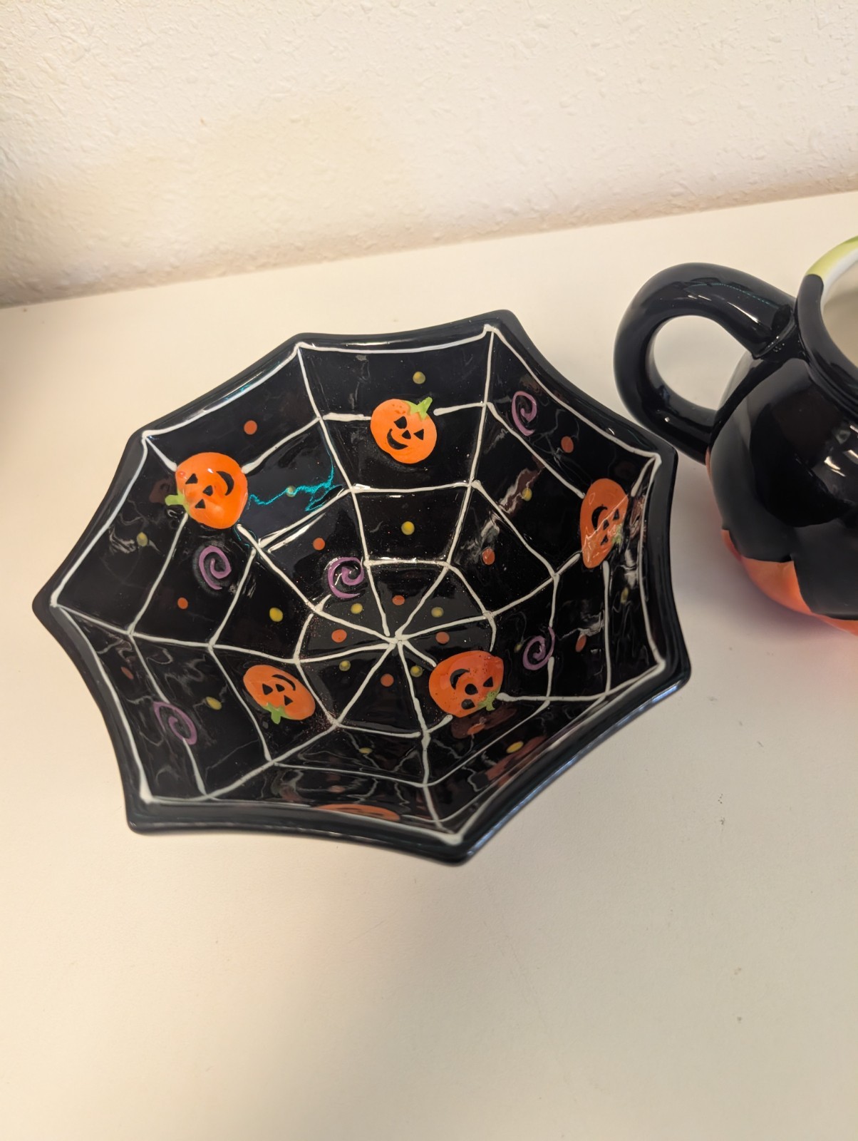 Vintage Halloween Bowl & New Hyde and Eek Black Cauldron Mug Ceramic Stoneware