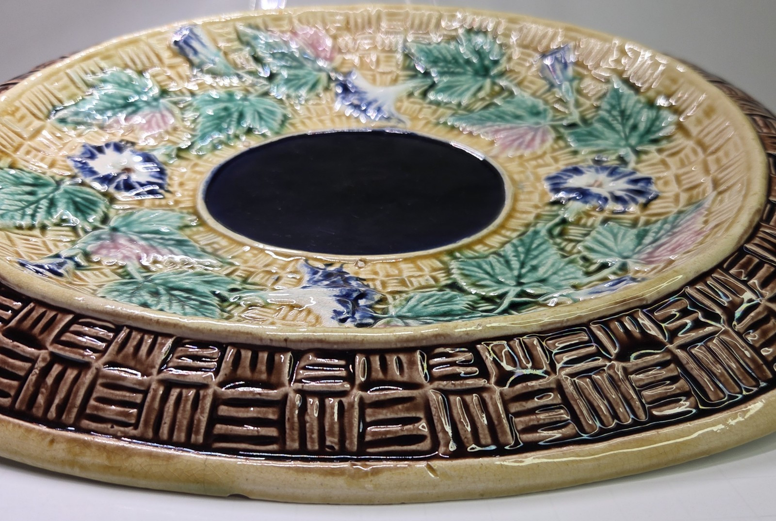 Antique Oval Majolica Basket Weave Footed Platter Floral Bread Bowl Cobalt 12¾”