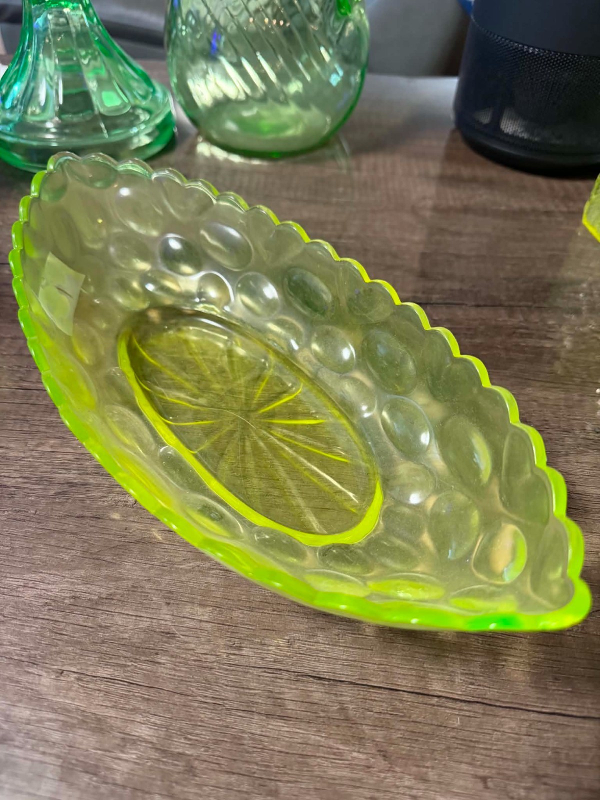 Vaseline Uranium Glass Banana Boat Bowl EAPG Glow Antique Thousand Eye