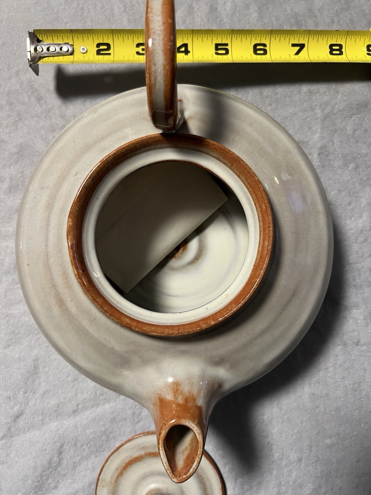 Beige & Brown Art Pottery Round Teapot w/ Lid, 1 Pint, 9in, NC Pottery