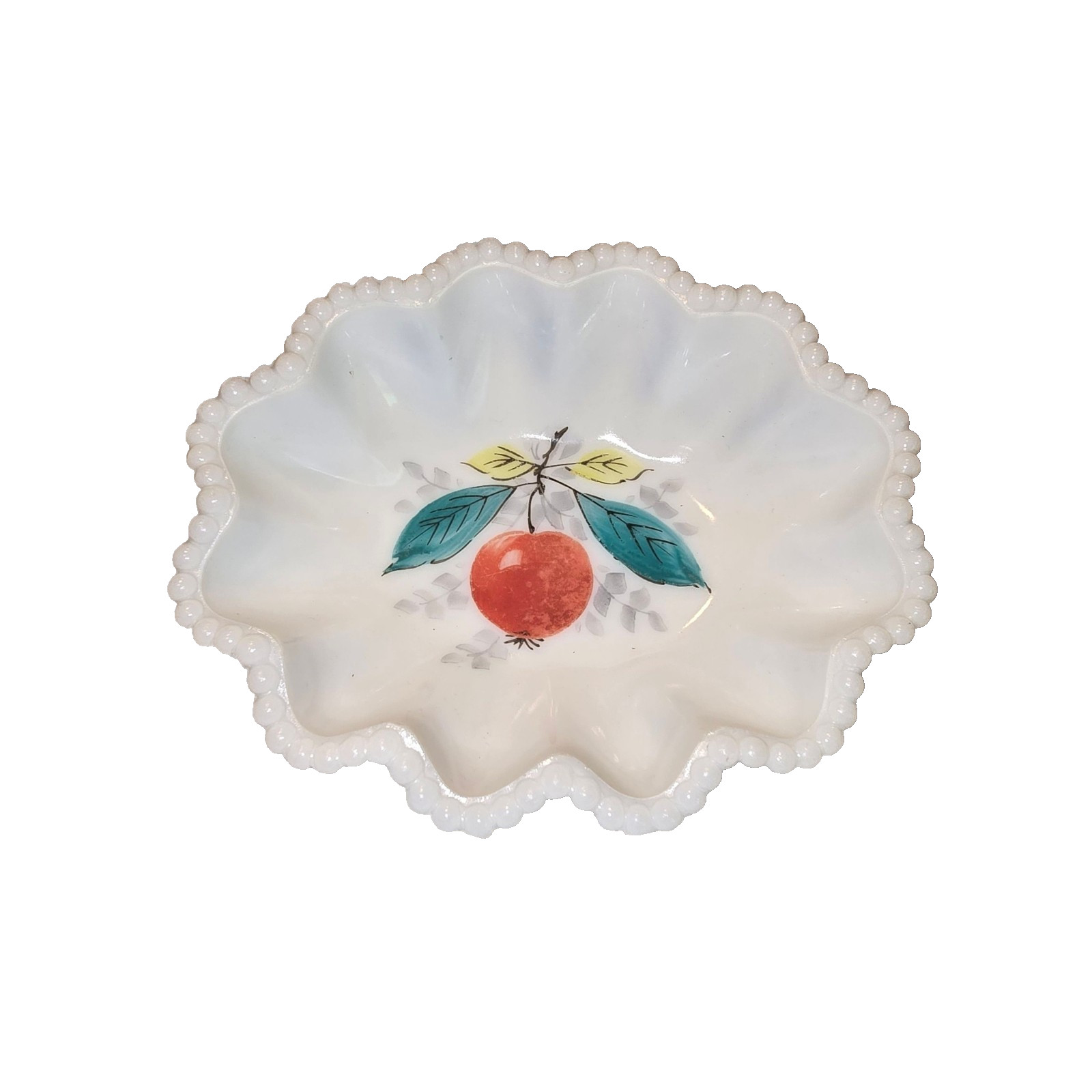 Westmoreland Milk Glass Painted Bead Edge Fruit Dish Bowl Cherry 6.5 in