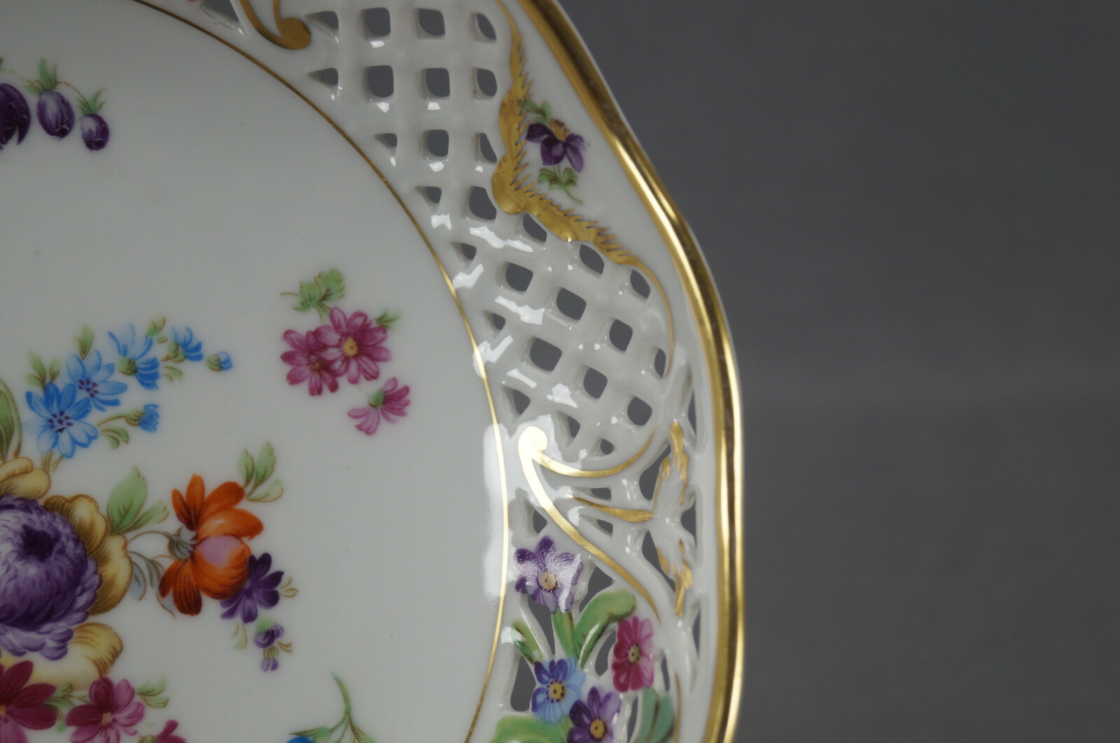 Carl Schumann Dresden Flowers & Gold Reticulated 8 1/8 Inch Bowl Circa 1932-1944
