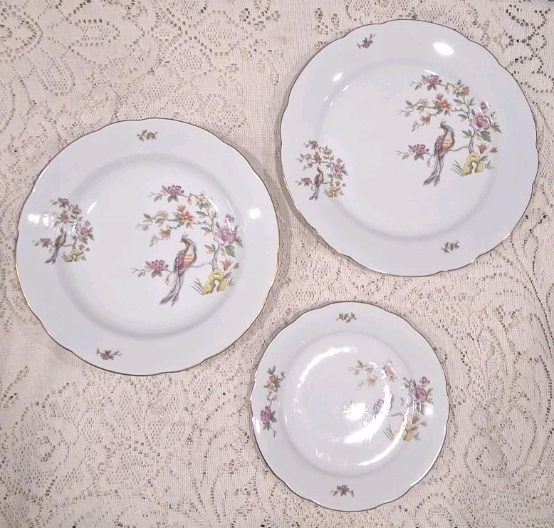 Vtg Mini Gallery Wall Plates Bowl Set (3) Peacock Bird Of Paradise Floral China